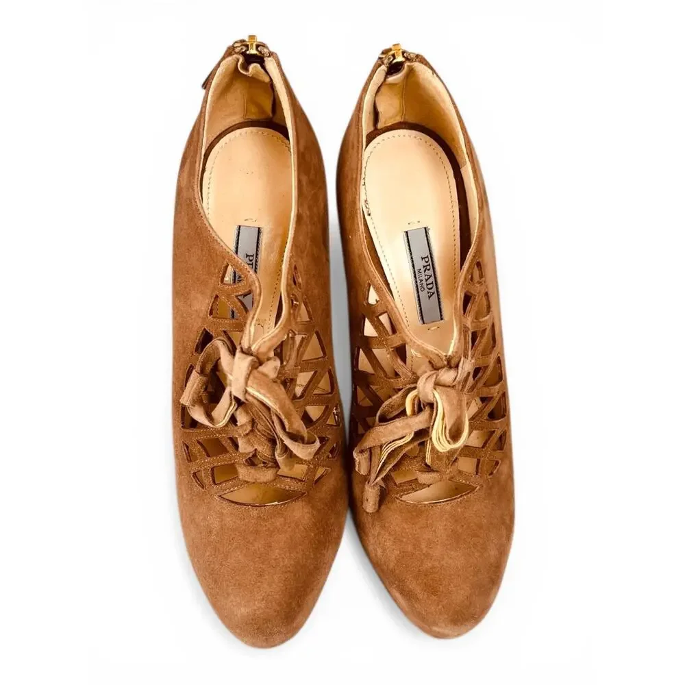 Prada Calzature Donna 100 Paglia Suede Lace Up Stiletto EU 38.5 Natural Tan Rosa - Picture 2 of 7